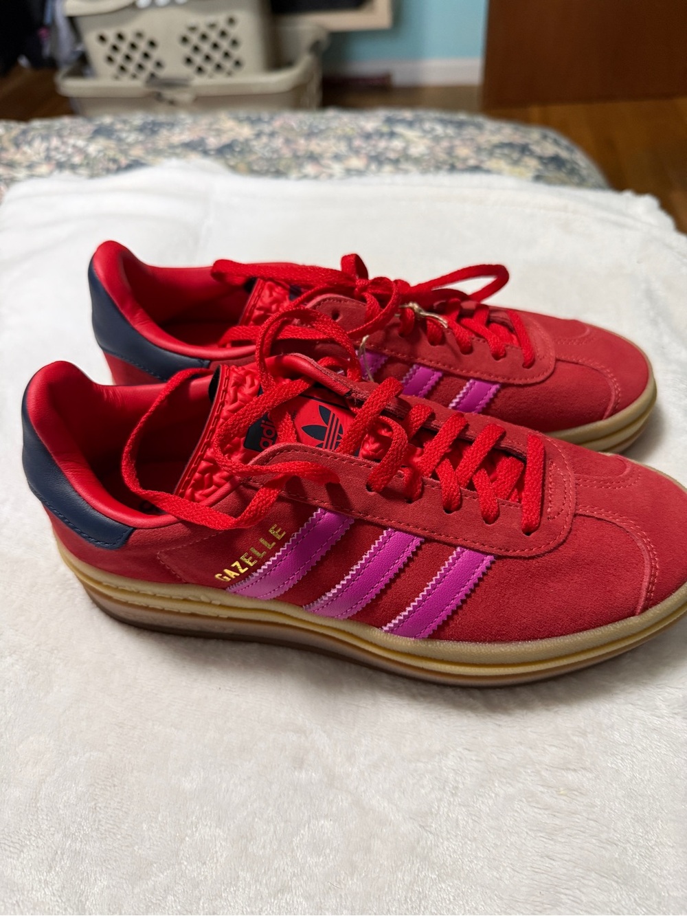adidas Gazelle Red Suede Sneakers with Pink Stripes